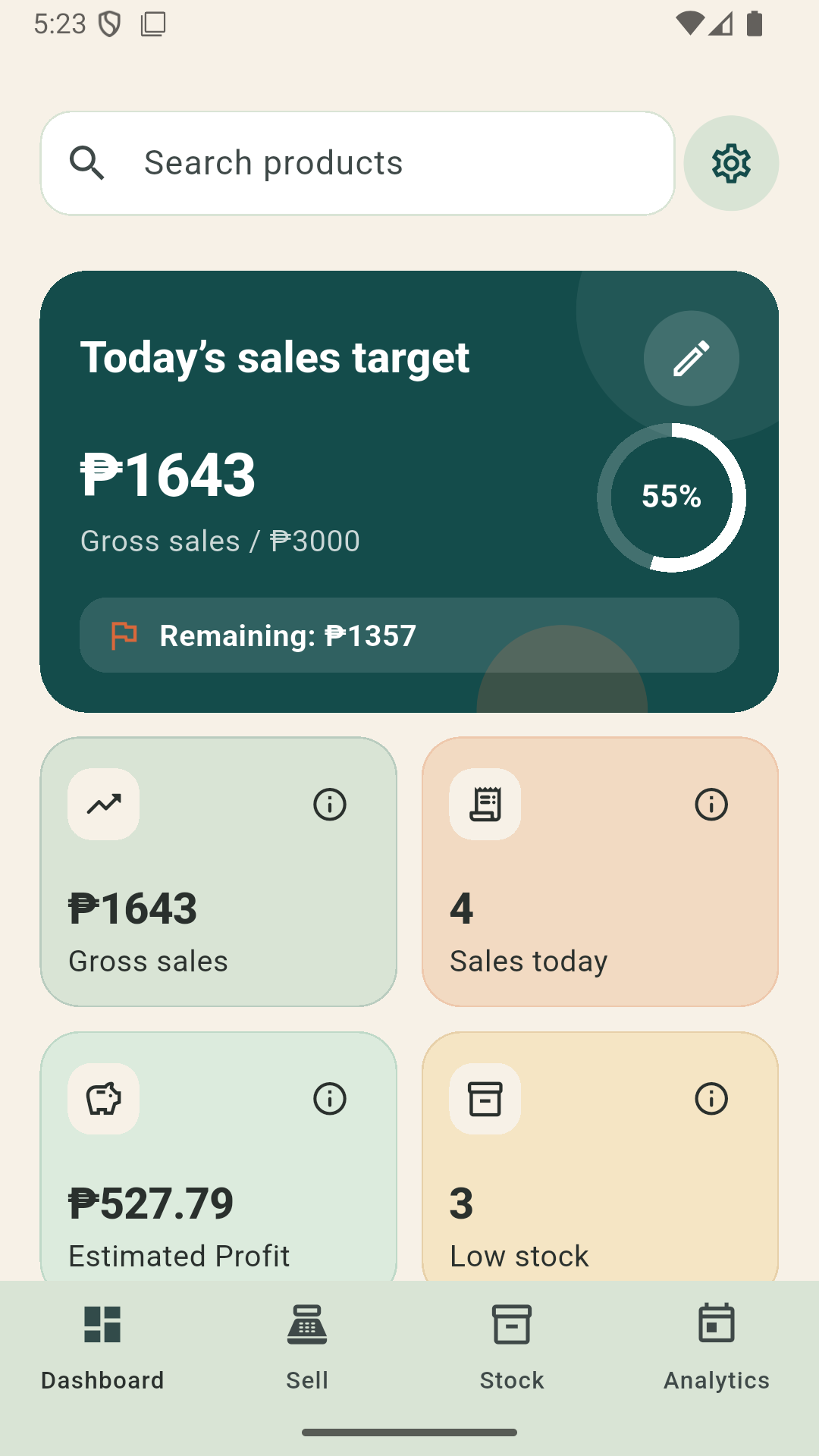 Kambal Tingi Dashboard showing daily target, sales, profit, and low-stock signals