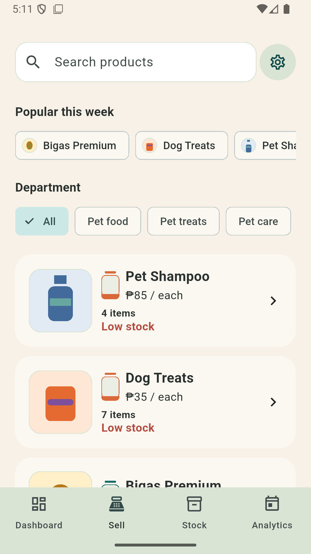 Kambal Tingi Sell screen showing products ready to sell by price or weight